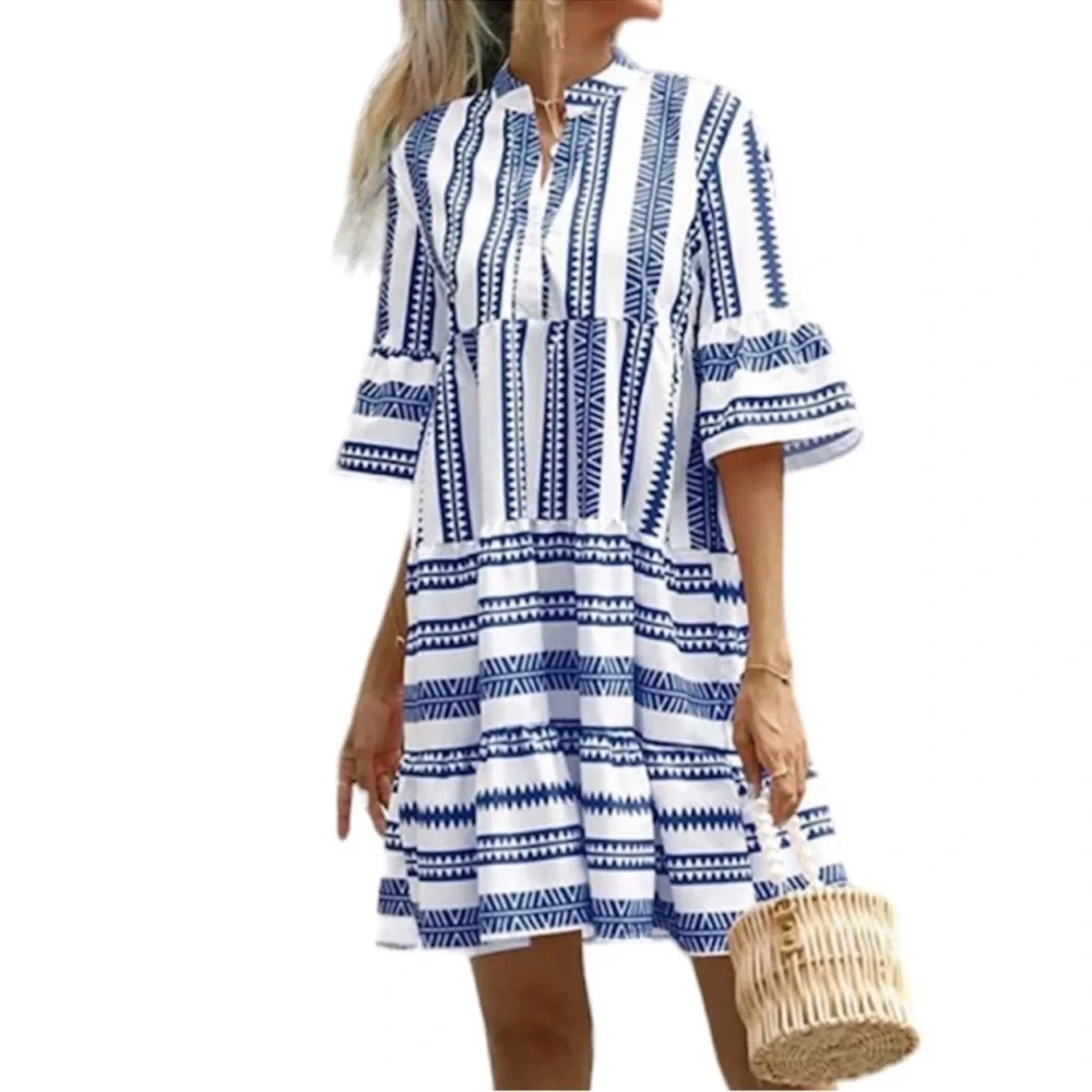 Baby Doll Mini Dress Geometric V-Neck Striped Blue & White Women’s Size Large - Picture 1 of 14